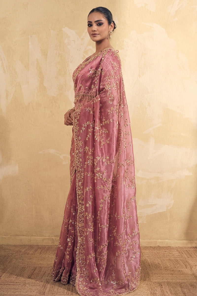 Magenta Pink Organza Silk Saree with Hand Embriodery with Stitched Blouse