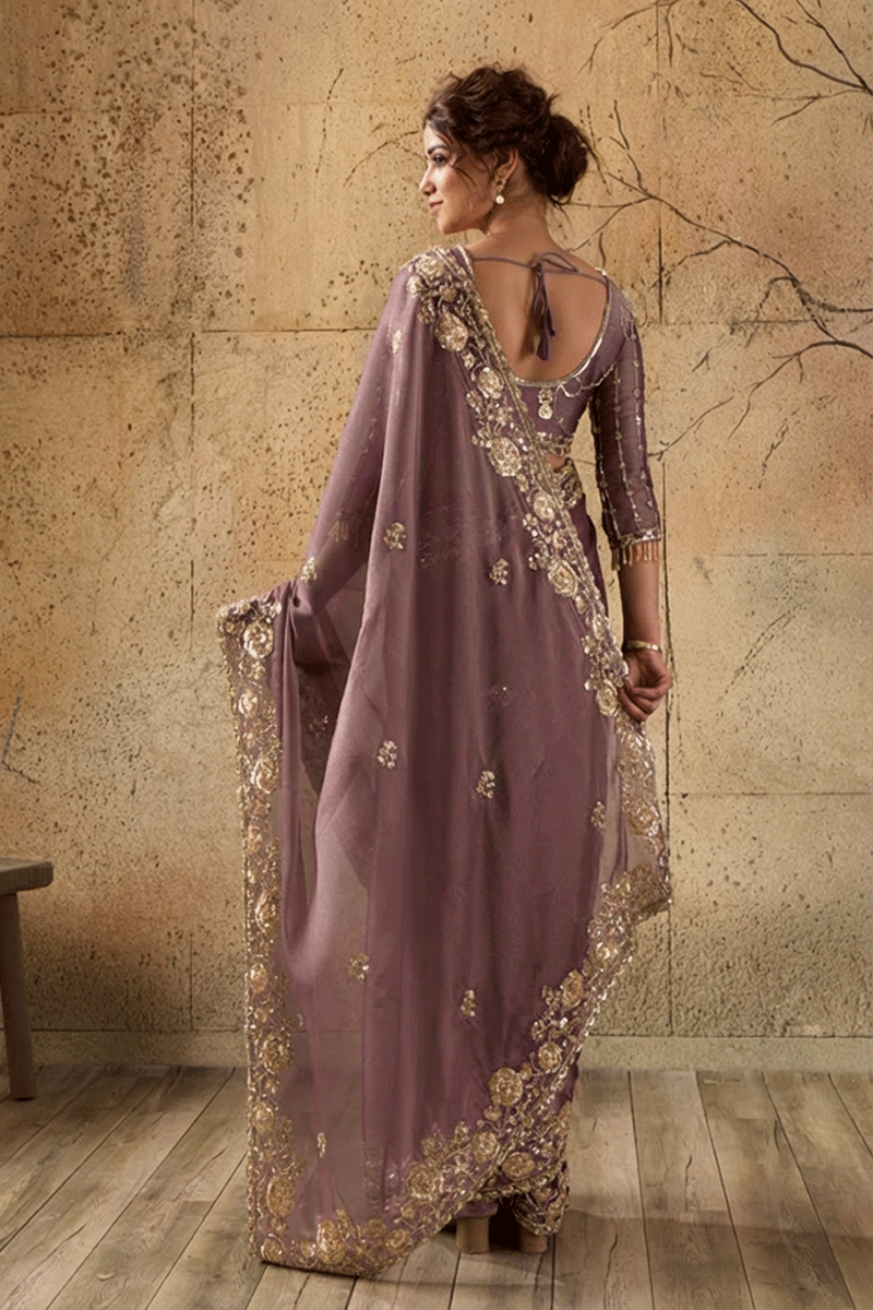 Mauve Pink Organza Saree with Floral Hand Embroidery