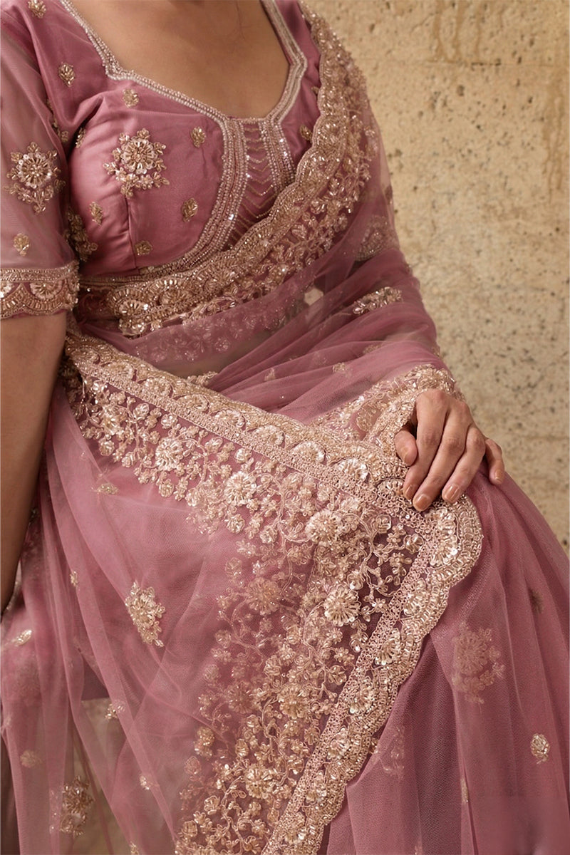 Rose Pink Net Saree with Hand Embroidery with Stitched Blouse