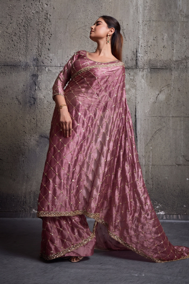Rose Pink Organza Silk Saree with Hand Embroidery with Stitched Blouse