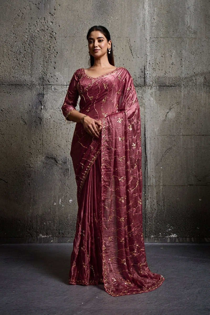 Rose Pink Organza Saree with Hand Embroidery with Stitched Blouse