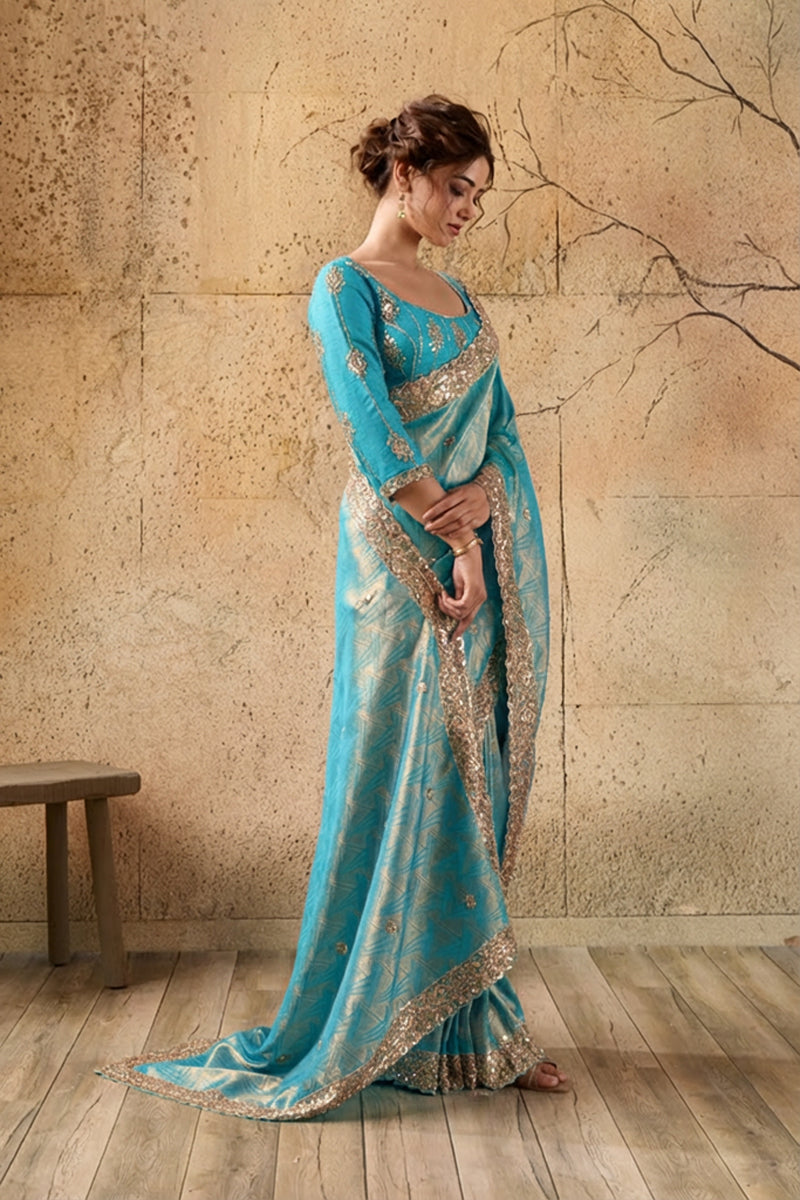 Sky Blue Organza Silk Saree with Zari Hand Embroidery with Stitched Blouse