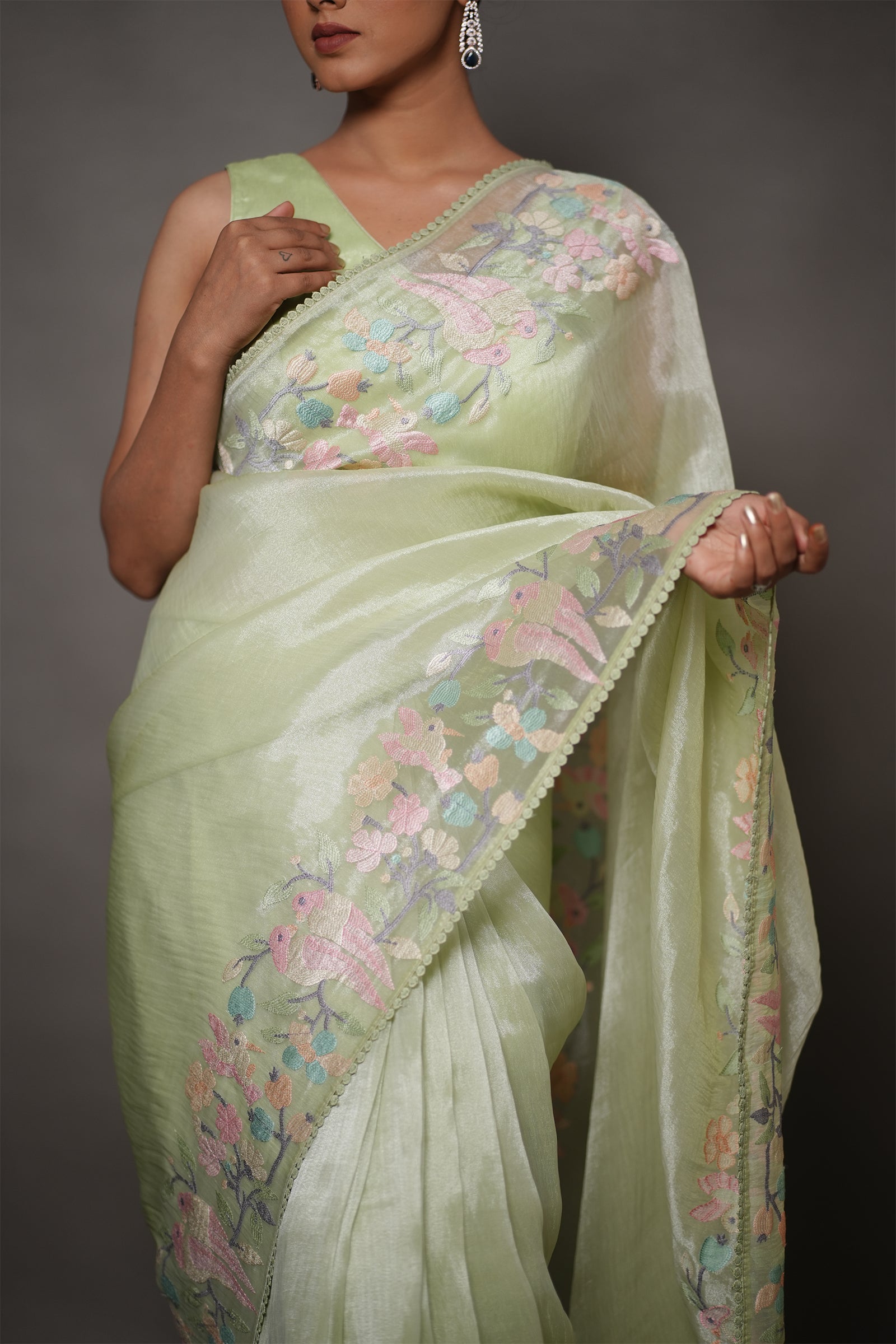 Pastel Green Organza Saree with Pastel Floral Thread Work