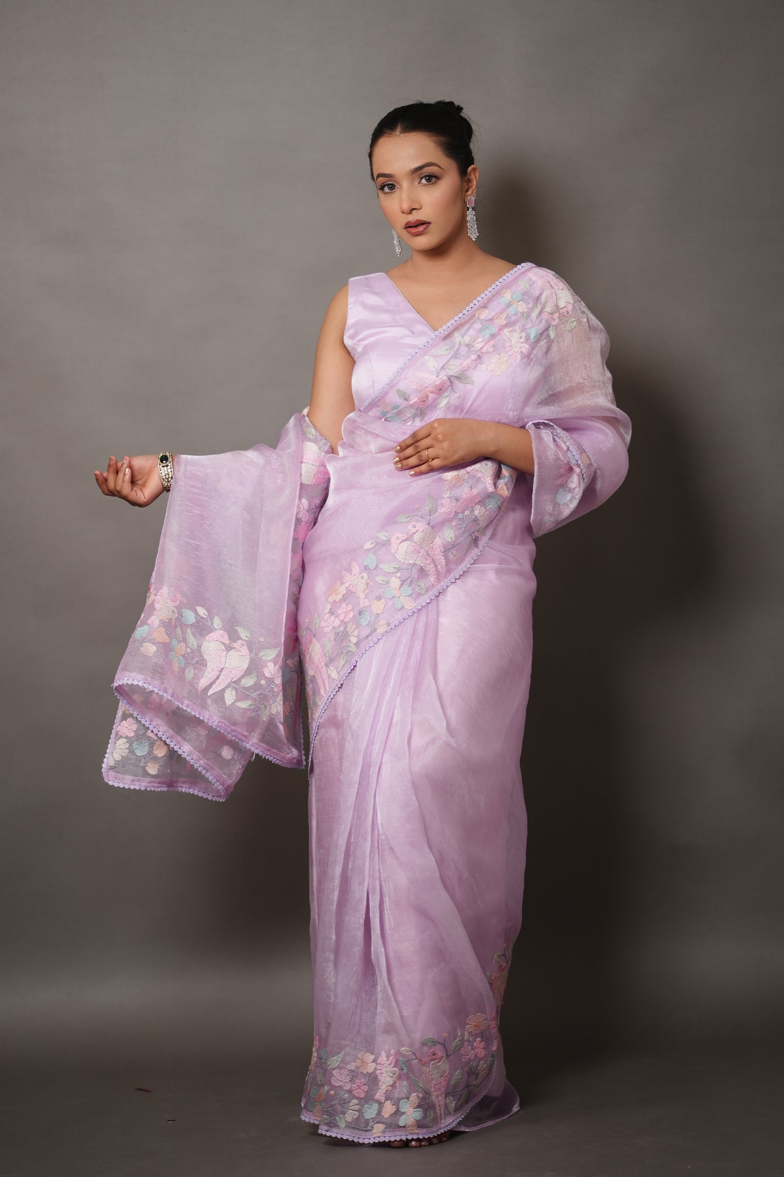 Lavendar Purple Organza Saree with Pastel Floral Thread Work