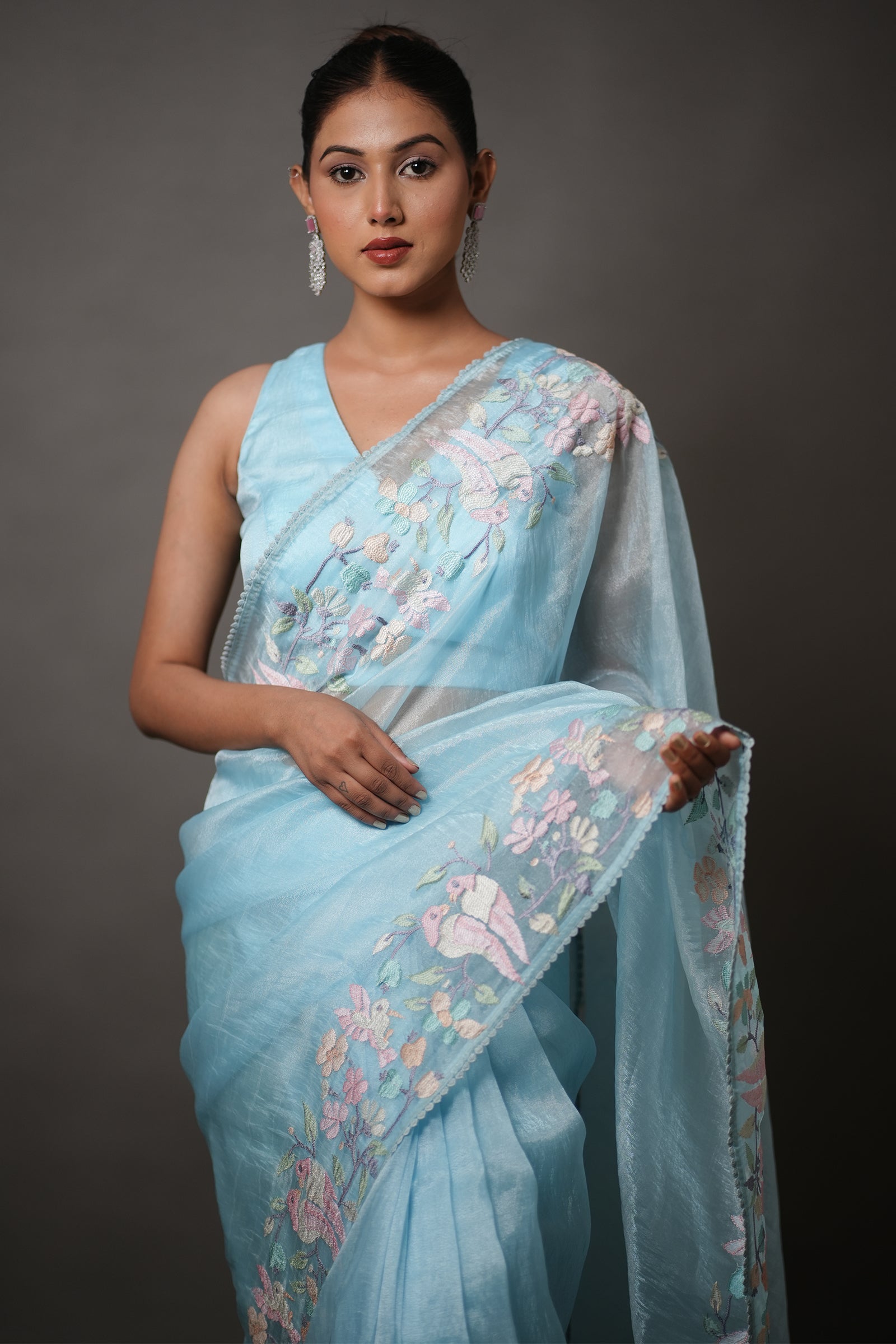 Sky Blue Organza Saree with Pastel Floral Thread Work