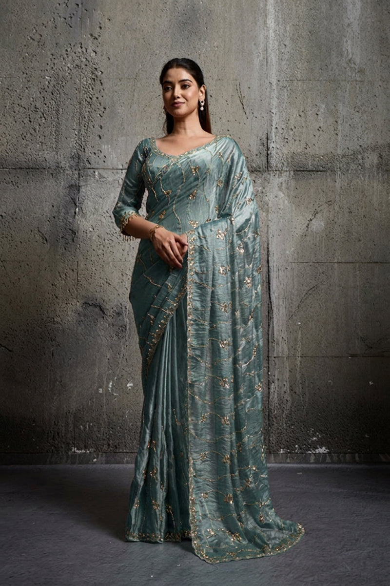 Teal Blue Organza Saree with Hand Embroidery with Stitched Blouse