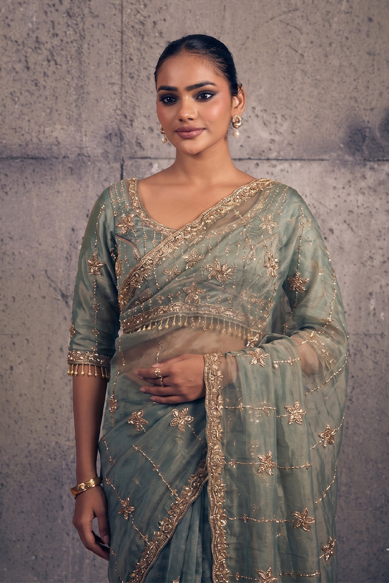 Light Teal Green Tissue Silk Saree with Hand Embroidery with Stitched Blouse