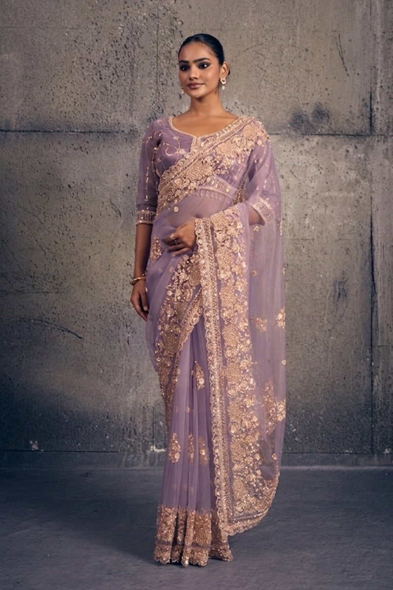 Light Lavendar Net Saree with Hand Embroidery with Stitched Blouse