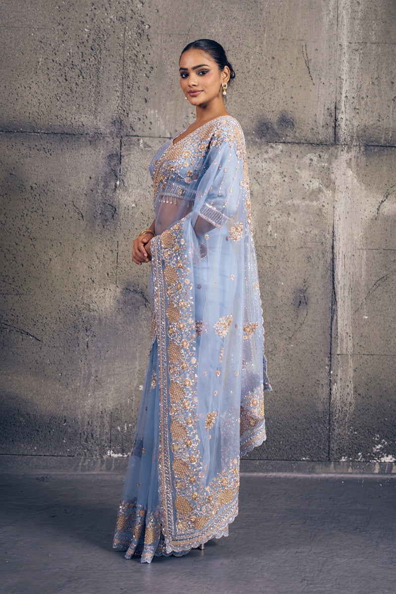 Sky Blue Net Saree with Hand Embroidery with Stitched Blouse