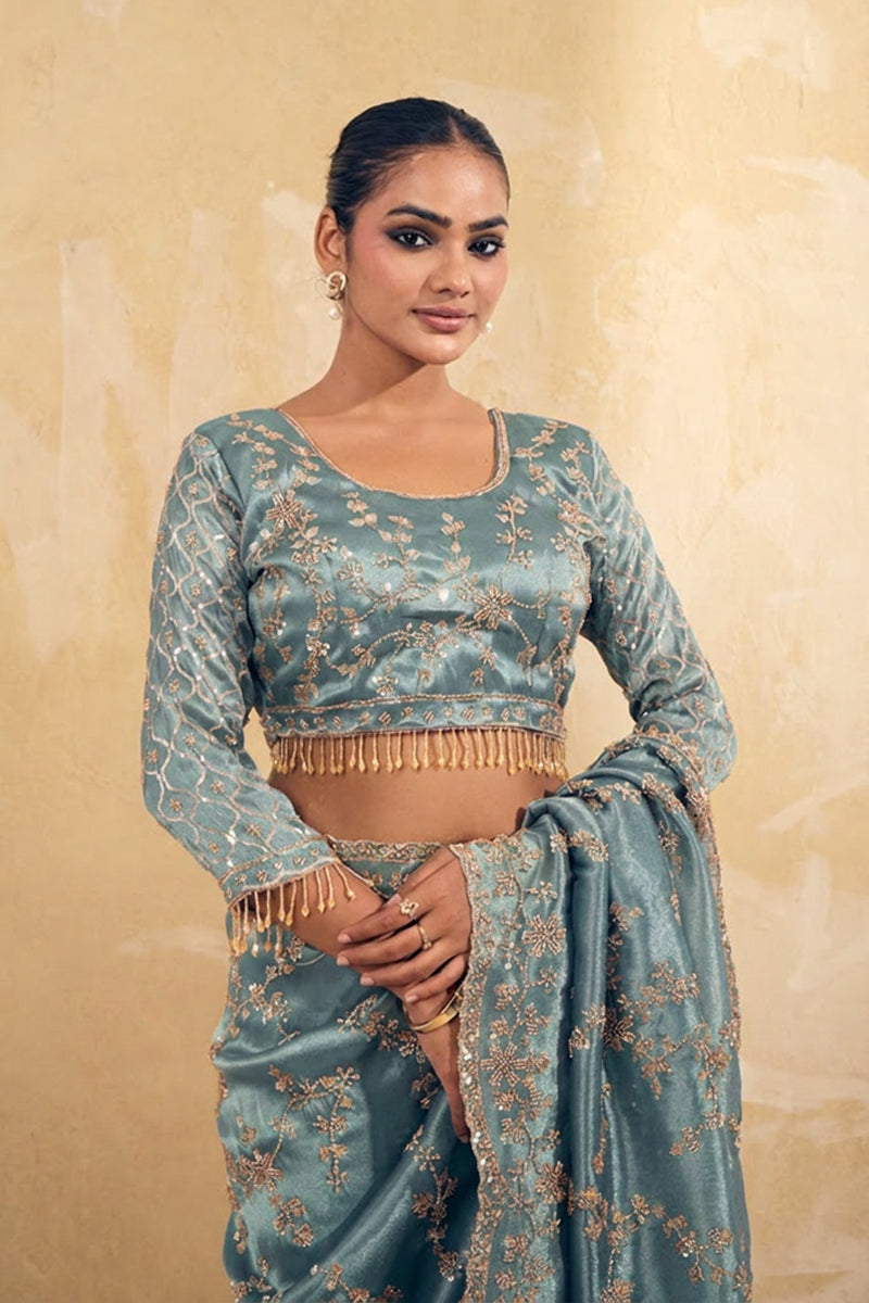 Aqua Blue Organza Silk Saree with Hand Embriodery with Stitched Blouse