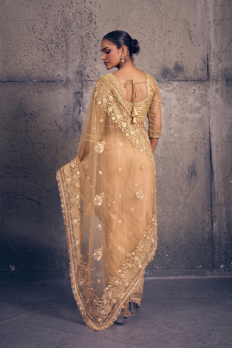 Beige Gold Net Saree with Hand Embroidery with Stitched Blouse