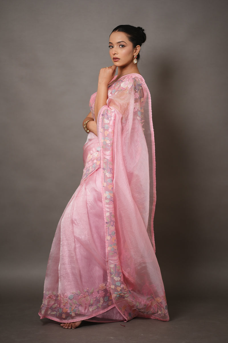 Soft Pink Organza Saree with Pastel Floral Thread Work
