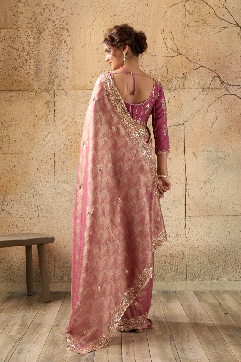 Rose Pink Organza Silk Saree with Zari Hand Embroidery with Stitched Blouse