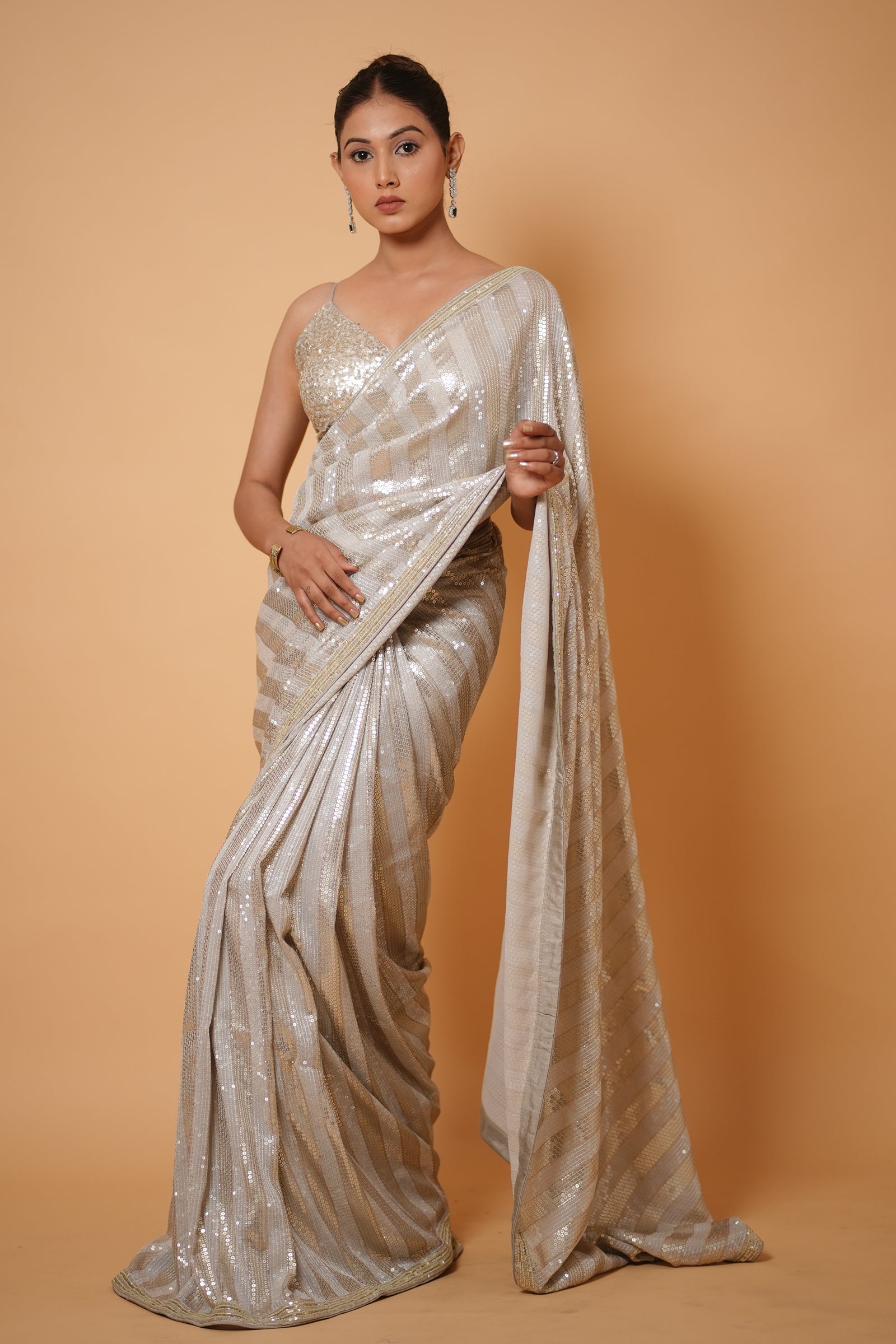 Off-White With Silver Diagonal Striped Sequin Embroidery Saree With Ready To Wear Blouse