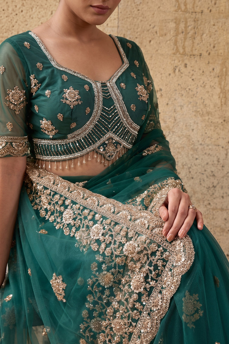 Emerald Green Net Saree with Hand Embroidery with Stitched Blouse