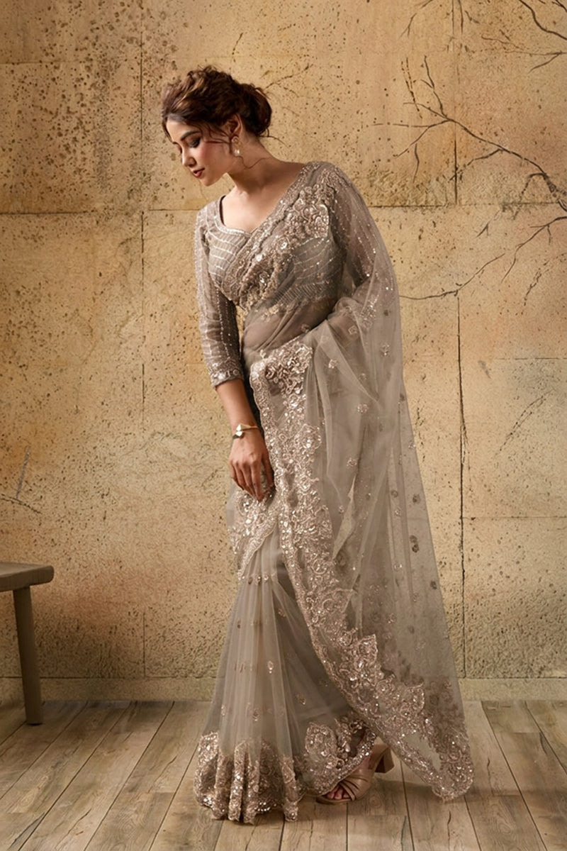 Dark Golden Net Saree With Sequin Hand Embroidery with Stitched Blouse