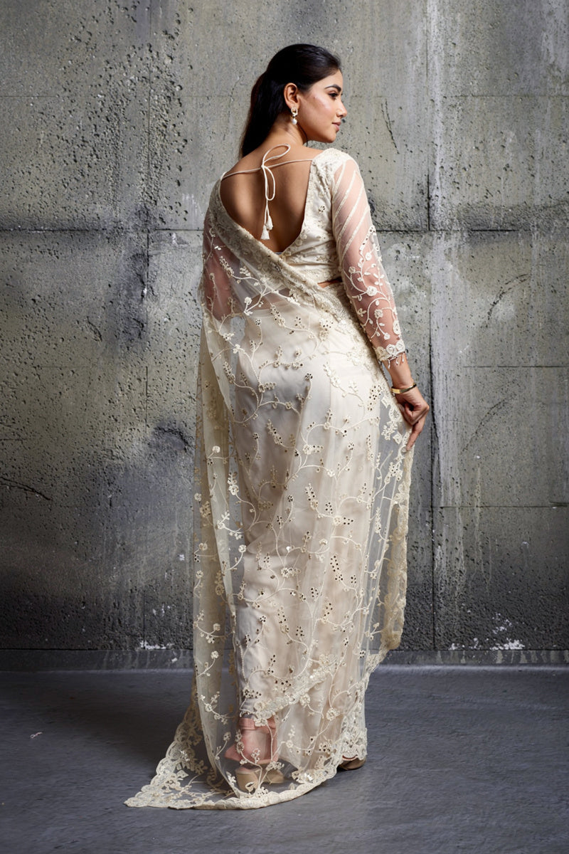 Ivory White Net Saree With Sequin Hand Embroidery with Stitched Blouse