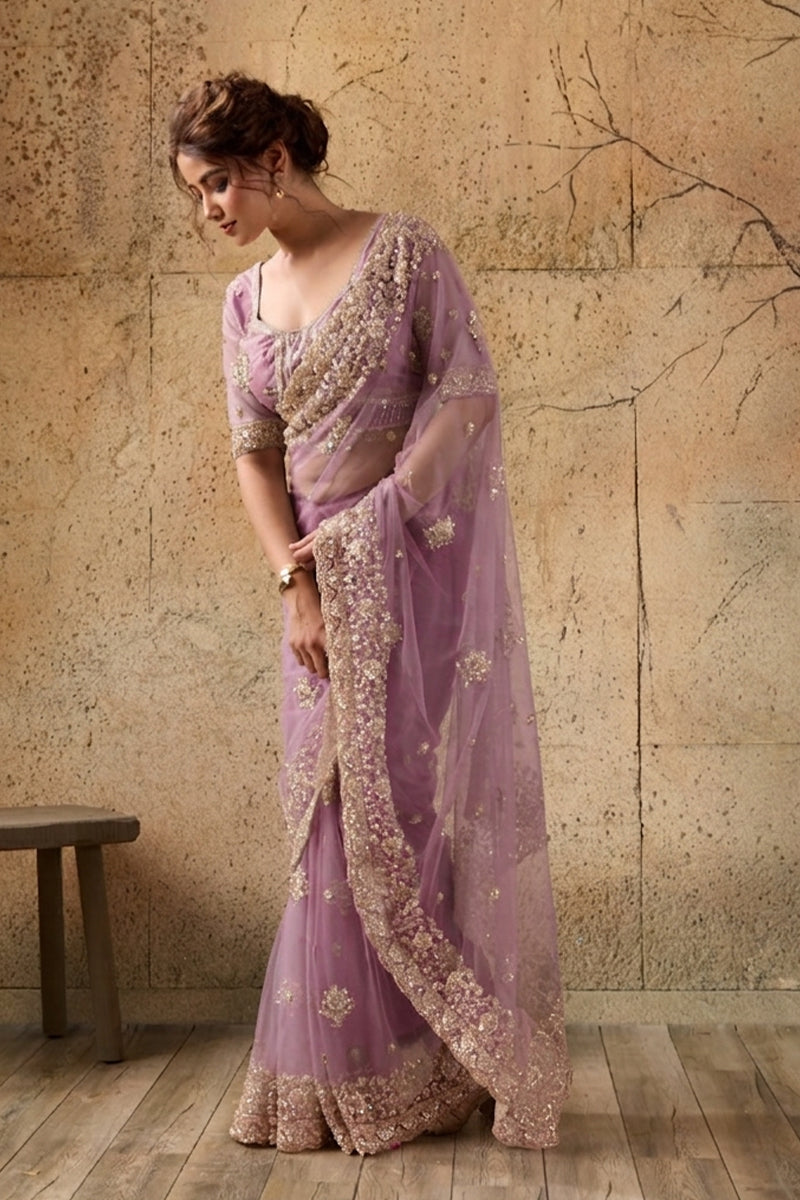 Lavendar Net Saree with Hand Embroidery with Stitched Blouse