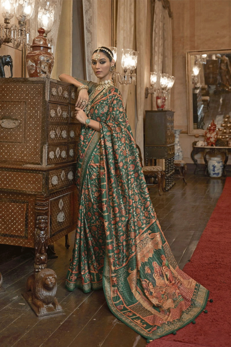 Emerald Green Raw Silk Saree with Ethnic Heritage Prints
