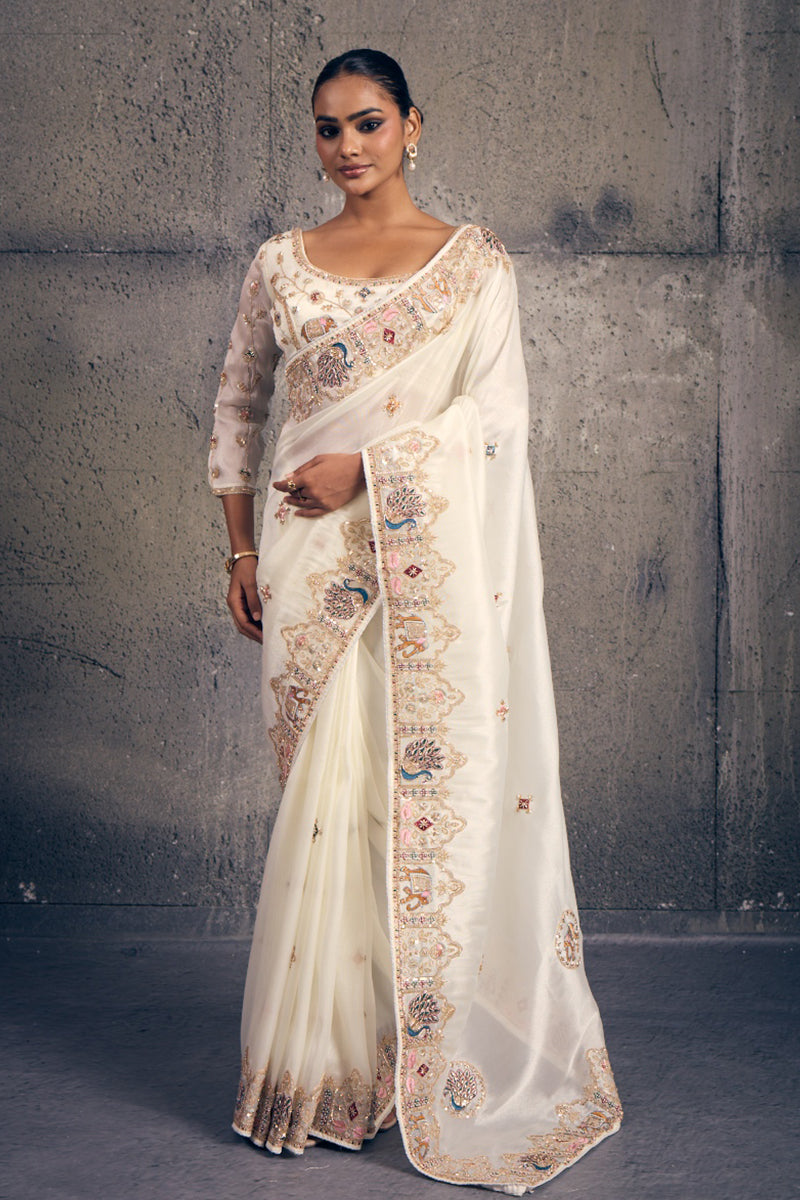 Ivory White Organza Saree with Peacock Hand Embroidery with Stitched Blouse