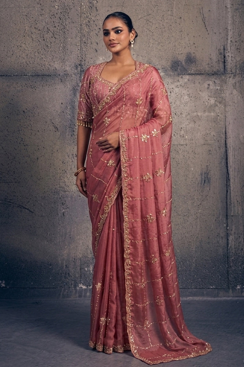 Rose Pink Tissue Silk Saree with Hand Embroidery with Stitched Blouse