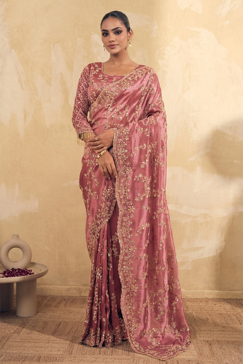 Magenta Pink Organza Silk Saree with Hand Embriodery with Stitched Blouse