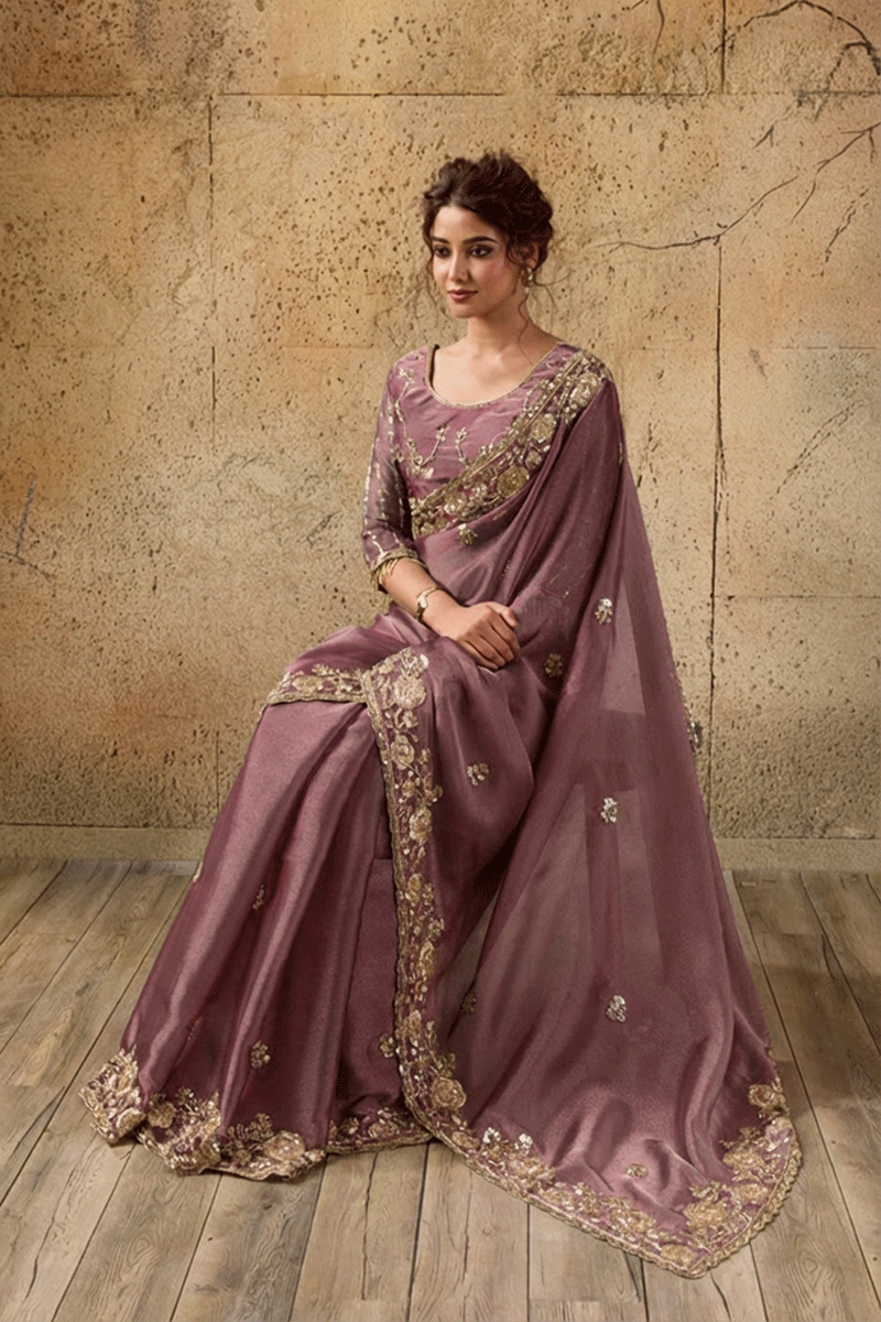 Mauve Pink Organza Saree with Floral Hand Embroidery