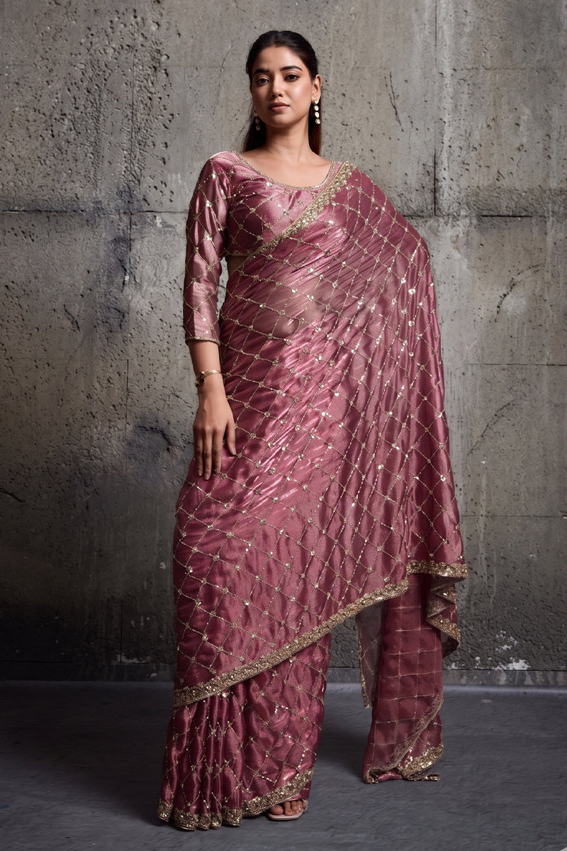 Rose Pink Organza Silk Saree with Hand Embroidery with Stitched Blouse