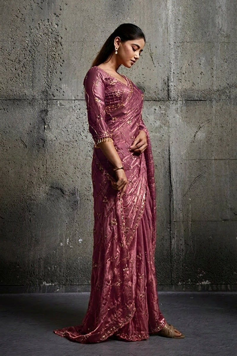 Rose Pink Organza Saree with Hand Embroidery with Stitched Blouse