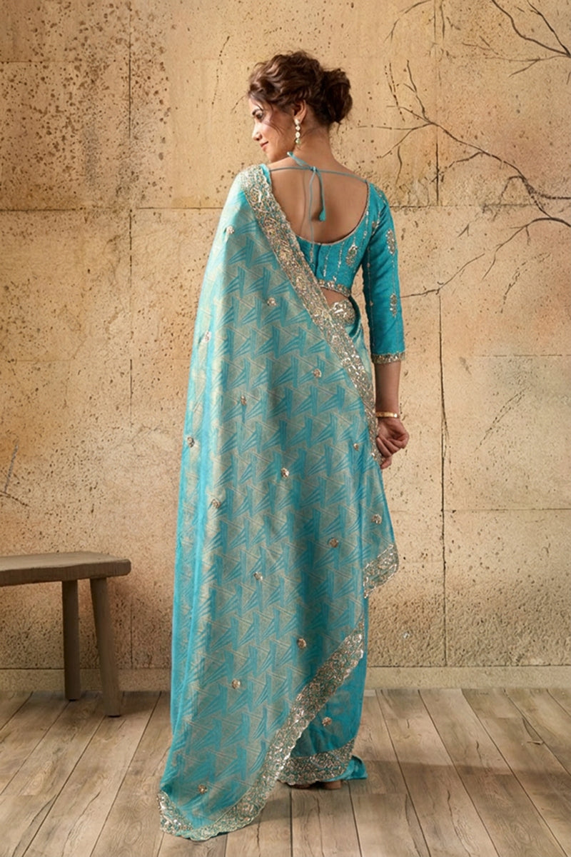 Sky Blue Organza Silk Saree with Zari Hand Embroidery with Stitched Blouse