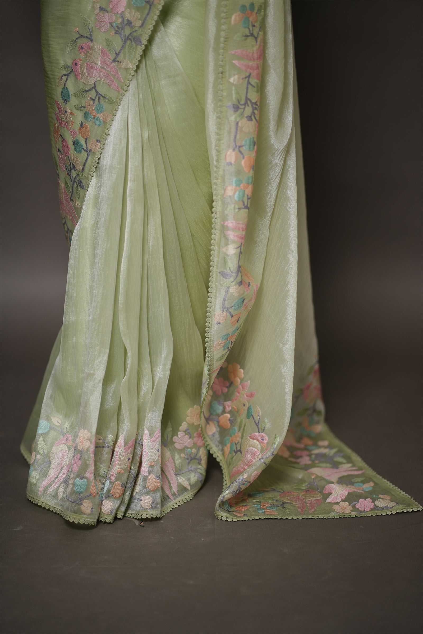 Pastel Green Organza Saree with Pastel Floral Thread Work