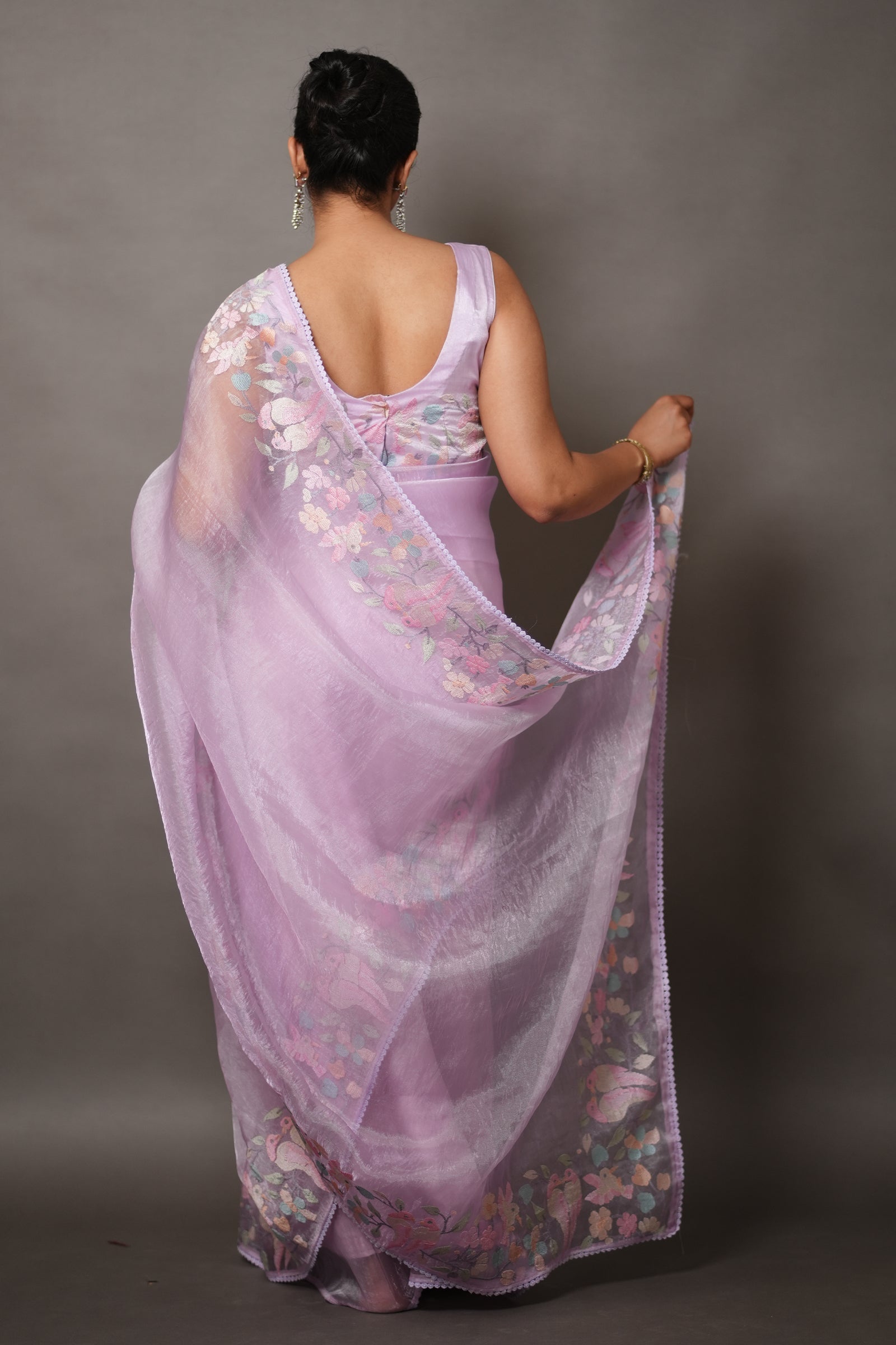 Lavendar Purple Organza Saree with Pastel Floral Thread Work