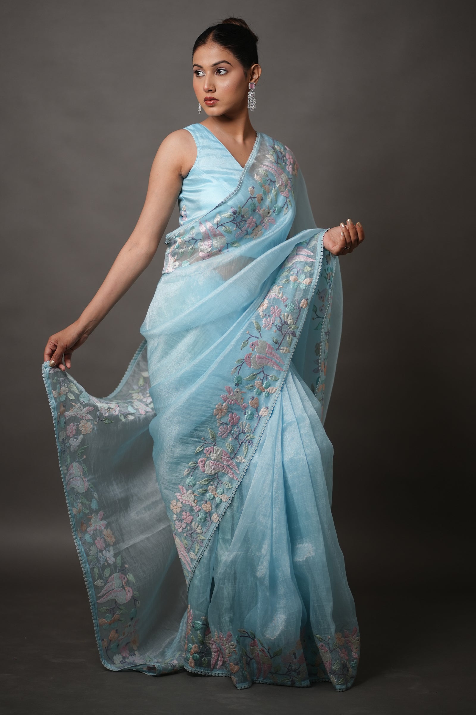 Sky Blue Organza Saree with Pastel Floral Thread Work