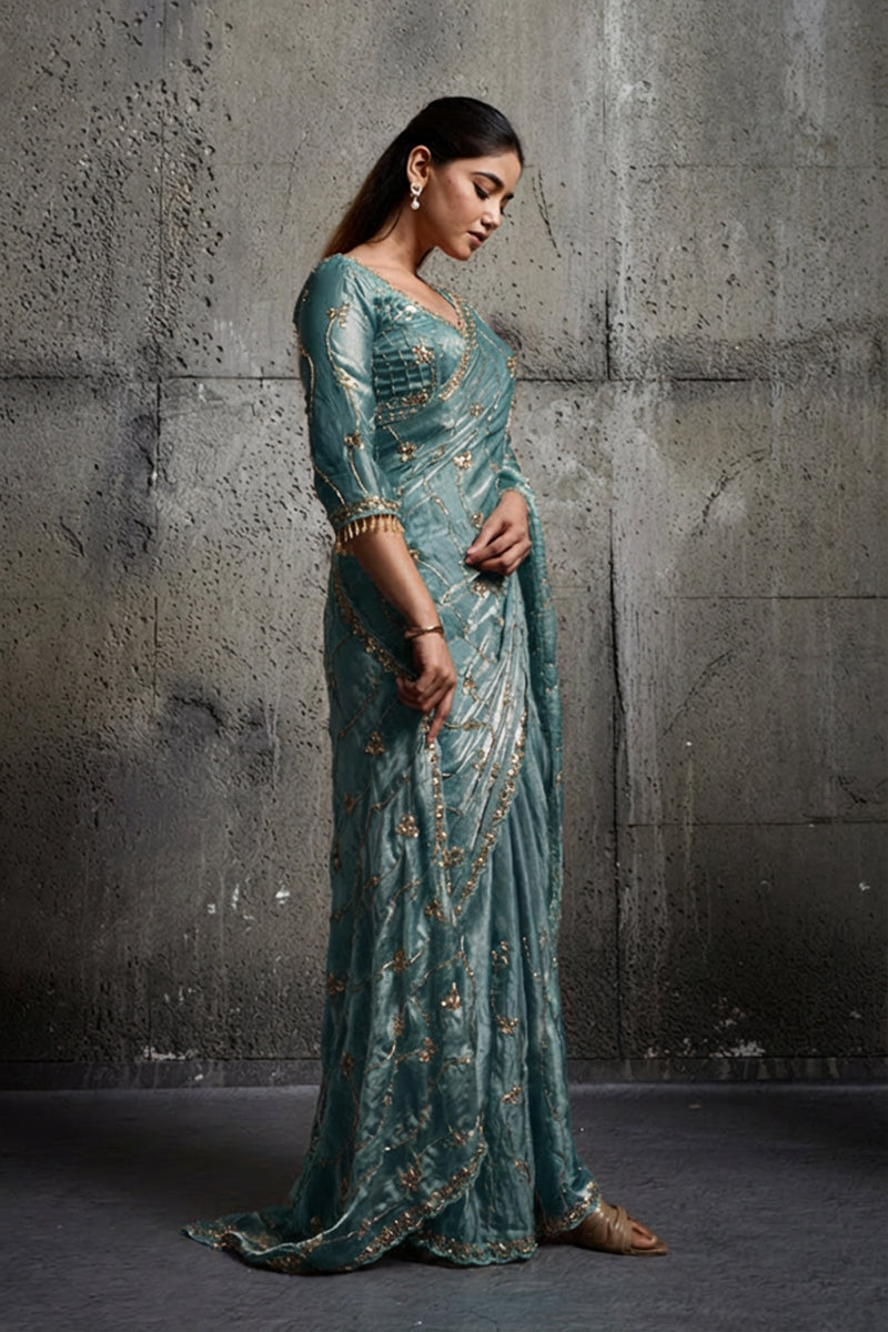 Teal Blue Organza Saree with Hand Embroidery with Stitched Blouse