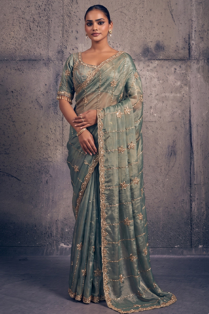 Light Teal Green Tissue Silk Saree with Hand Embroidery with Stitched Blouse