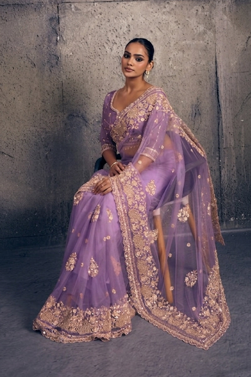 Light Lavendar Net Saree with Hand Embroidery with Stitched Blouse
