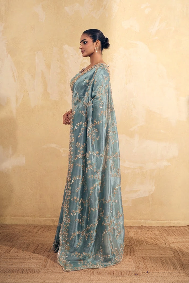 Aqua Blue Organza Silk Saree with Hand Embriodery with Stitched Blouse