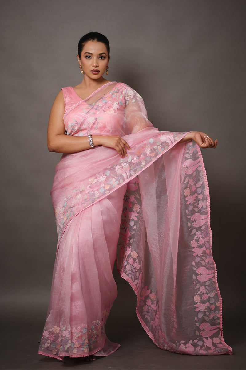 Soft Pink Organza Saree with Pastel Floral Thread Work