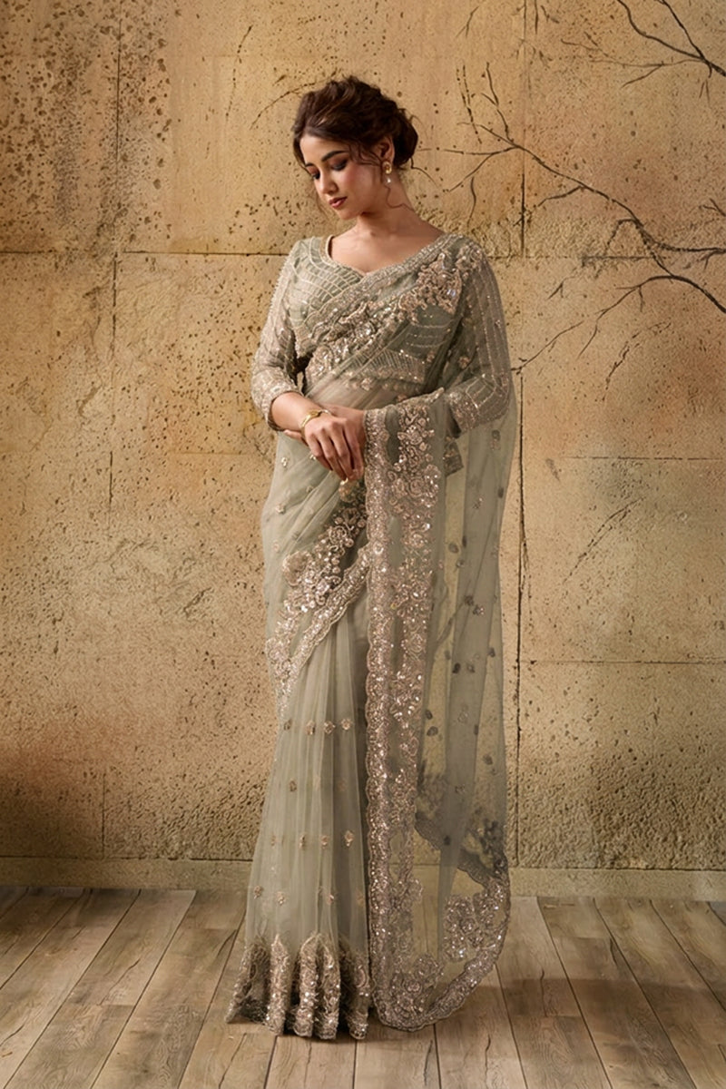 Dark Golden Net Saree With Sequin Hand Embroidery with Stitched Blouse