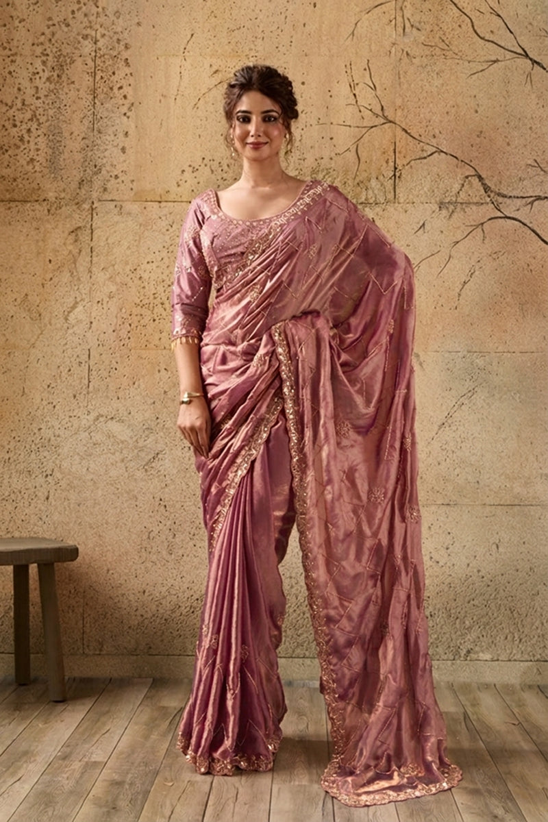 Peach Pink Organza Saree with Hand Embroidery with Stitched Blouse