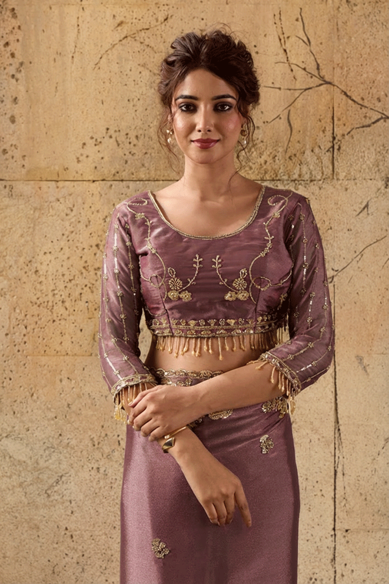 Mauve Pink Organza Saree with Floral Hand Embroidery