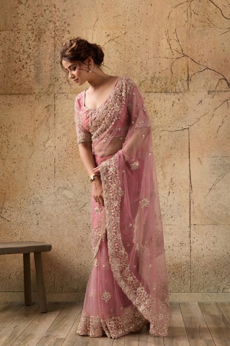 Rose Pink Net Saree with Hand Embroidery with Stitched Blouse