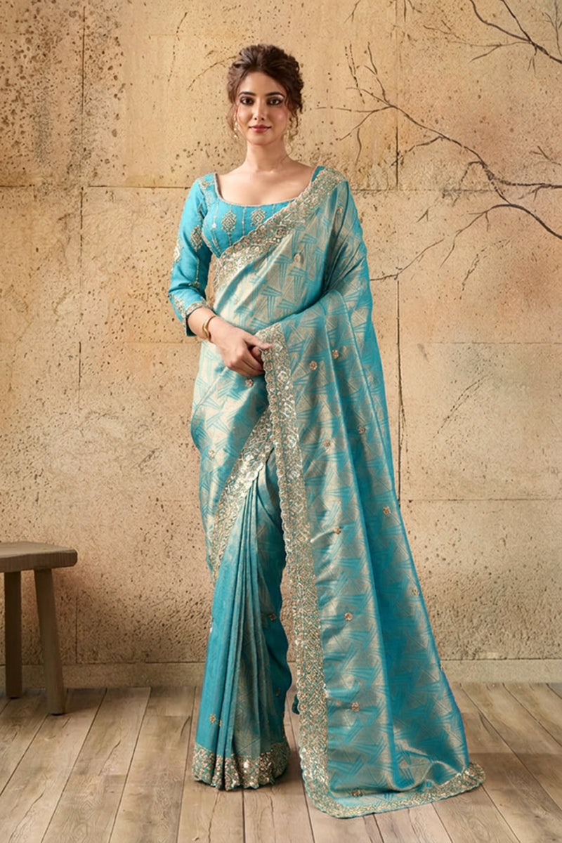 Sky Blue Organza Silk Saree with Zari Hand Embroidery with Stitched Blouse