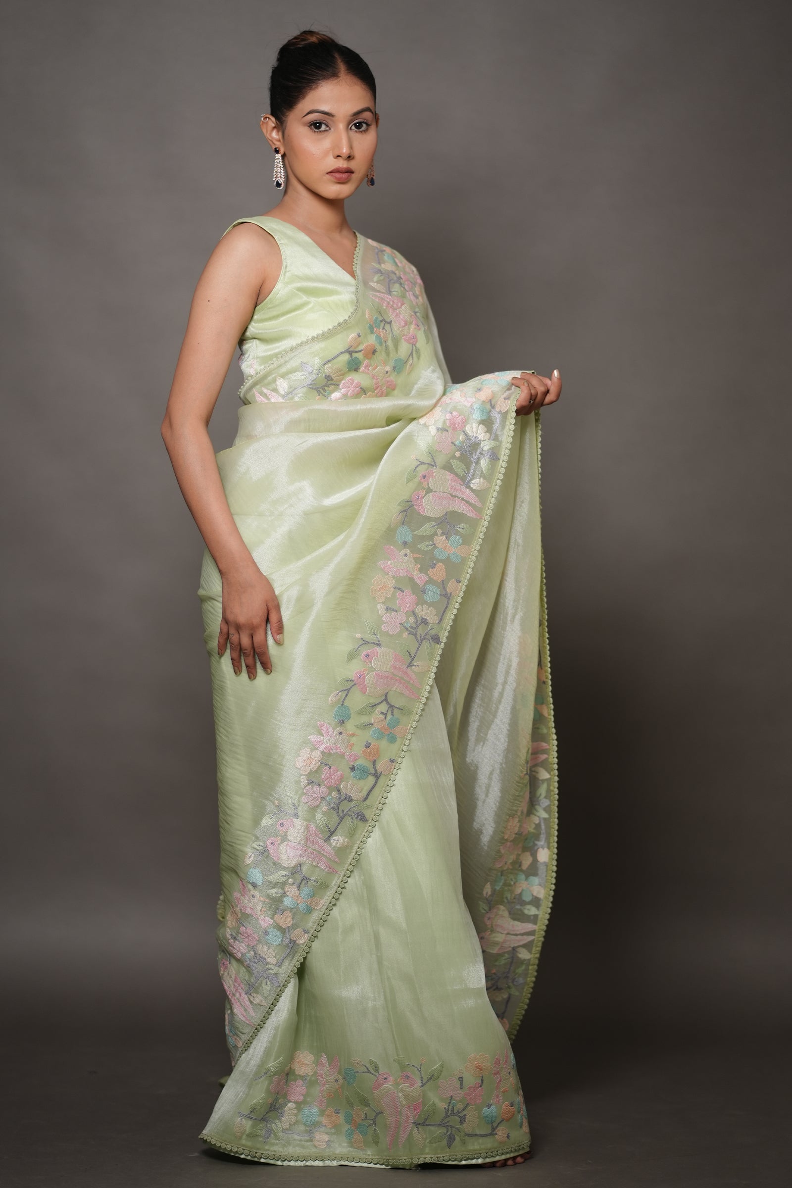 Pastel Green Organza Saree with Pastel Floral Thread Work