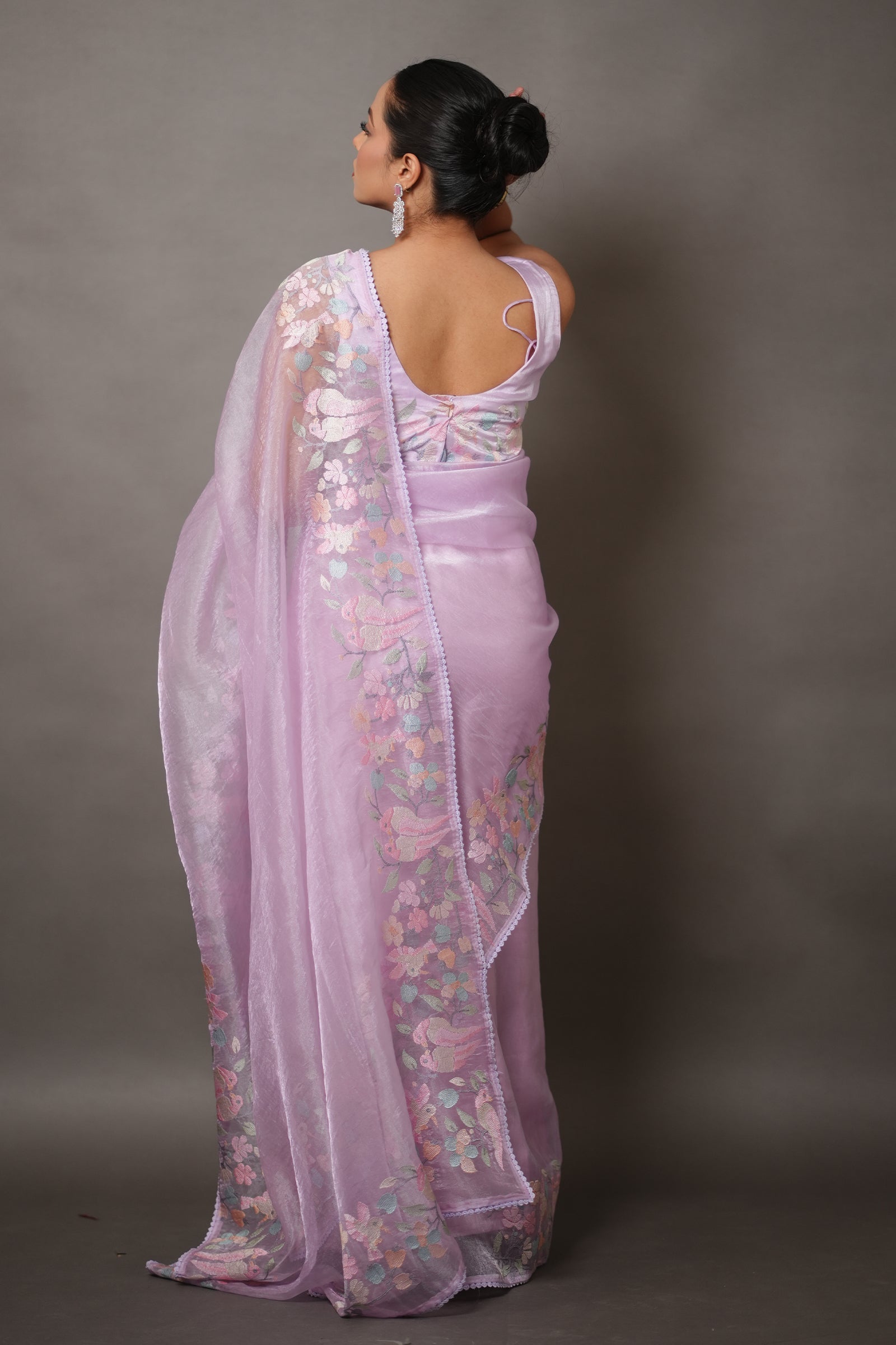 Lavendar Purple Organza Saree with Pastel Floral Thread Work