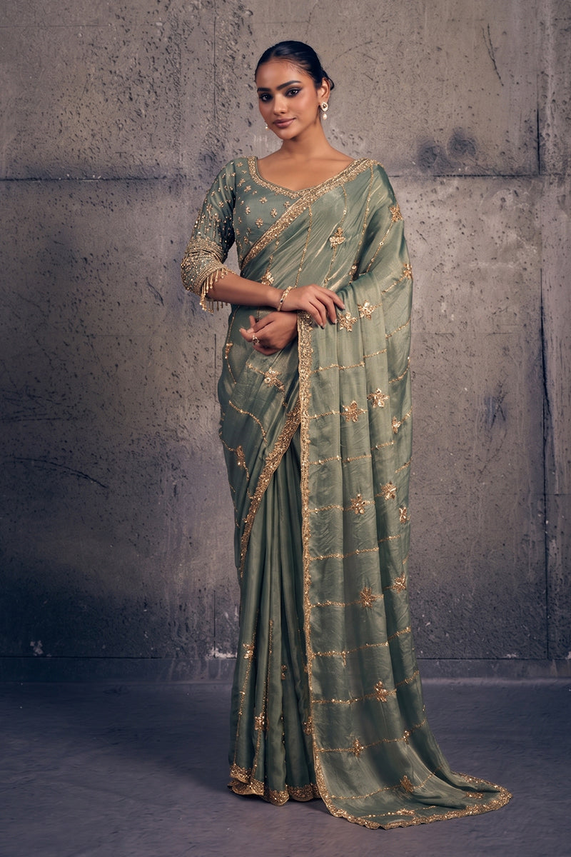 Light Teal Green Tissue Silk Saree with Hand Embroidery with Stitched Blouse