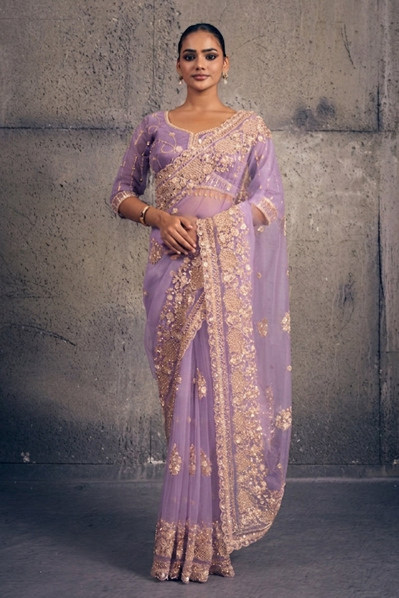 Light Lavendar Net Saree with Hand Embroidery with Stitched Blouse