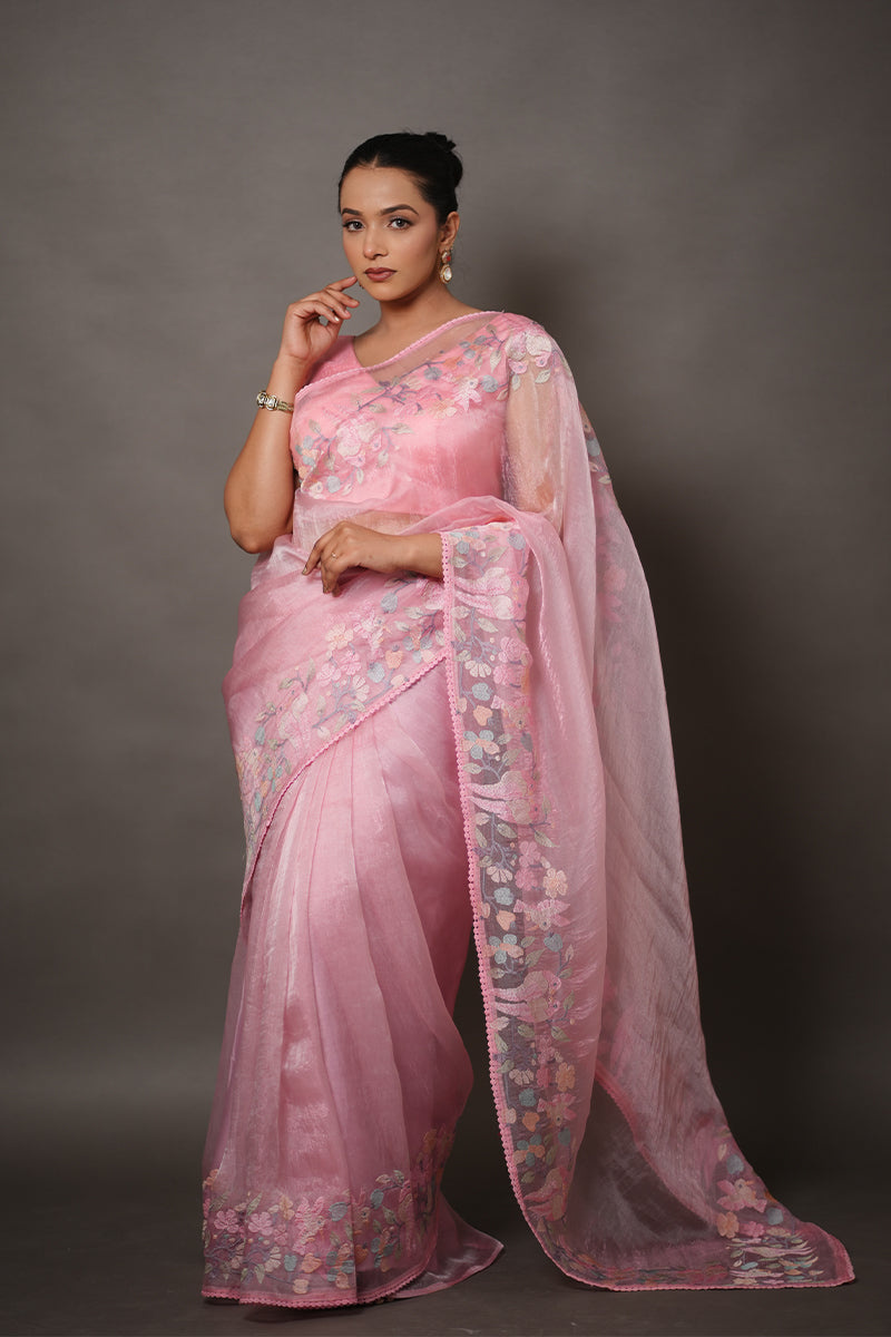 Soft Pink Organza Saree with Pastel Floral Thread Work