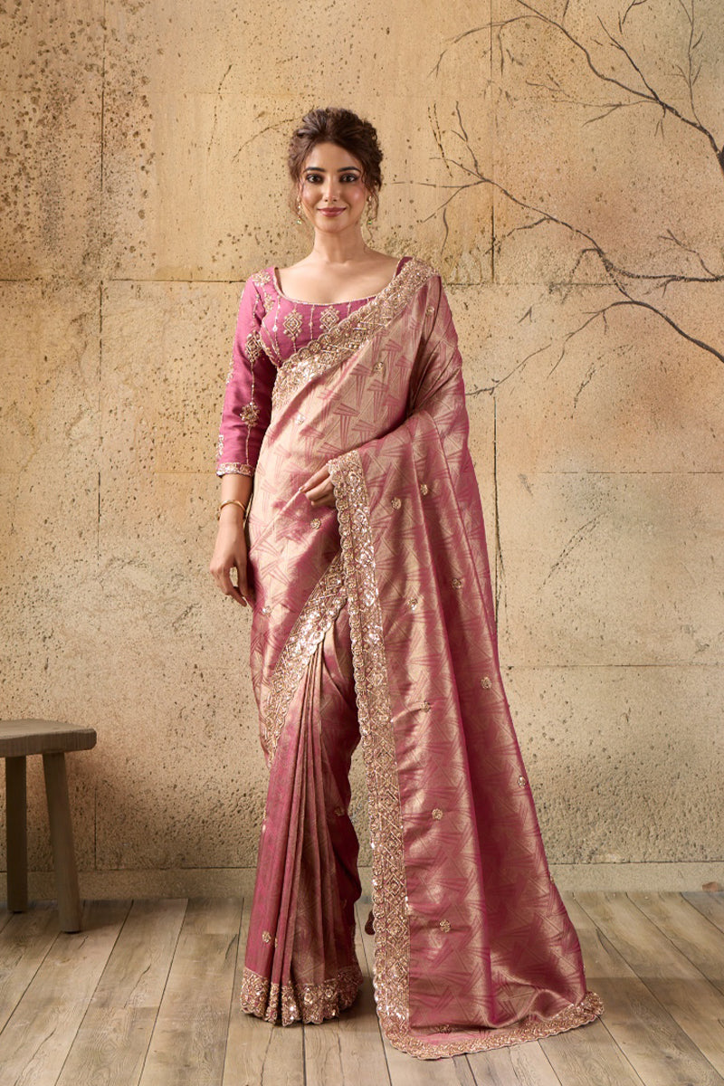 Rose Pink Organza Silk Saree with Zari Hand Embroidery with Stitched Blouse