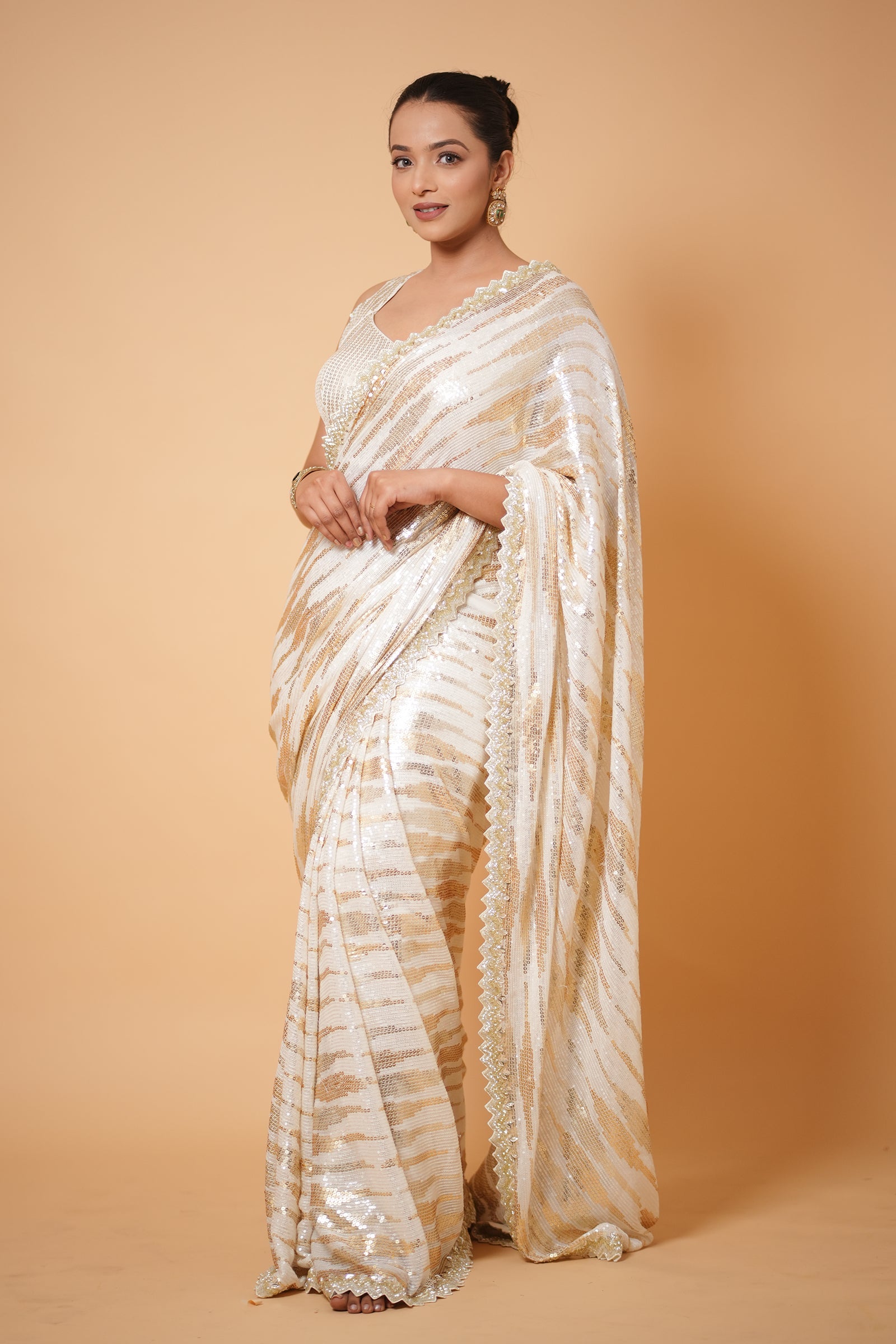 White & Champagne Gold Striped Sequin Embroidery Saree With Ready To Wear Blouse